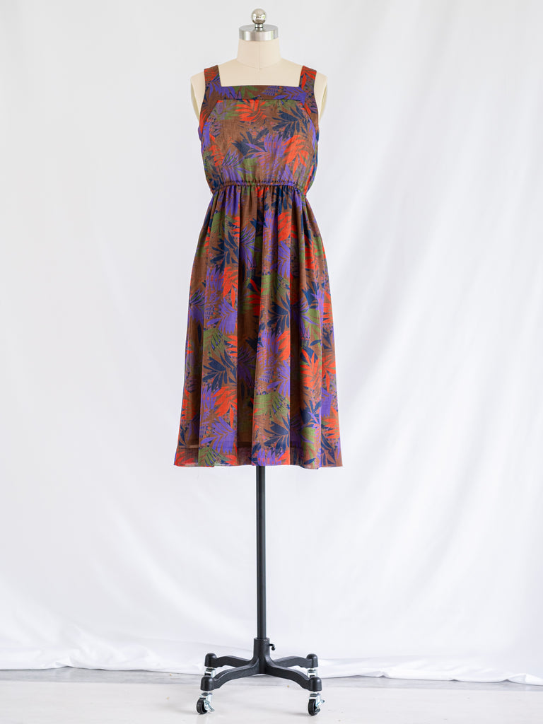 Vintage Polyester Square Neck Brown Midi Dress