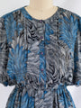 Vintage Chiffon Leaf Print Blue and Grey Midi Dress