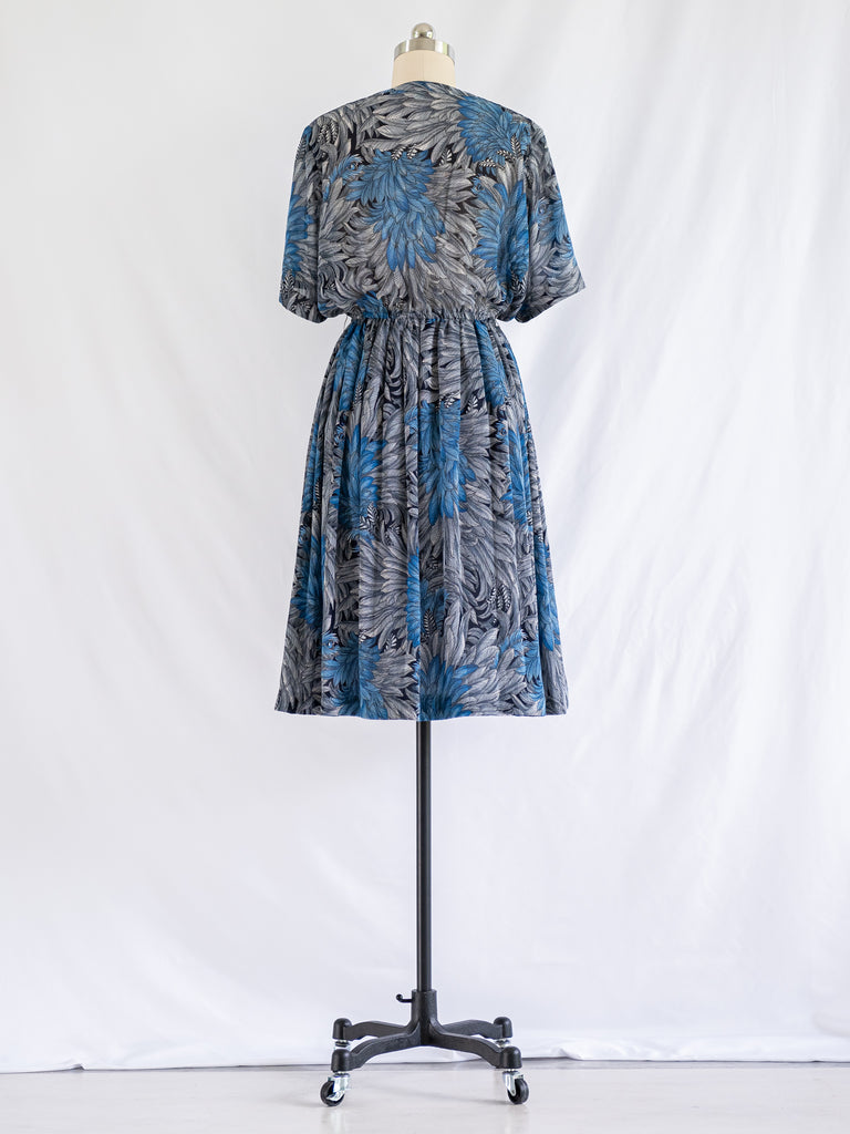 Vintage Chiffon Leaf Print Blue and Grey Midi Dress