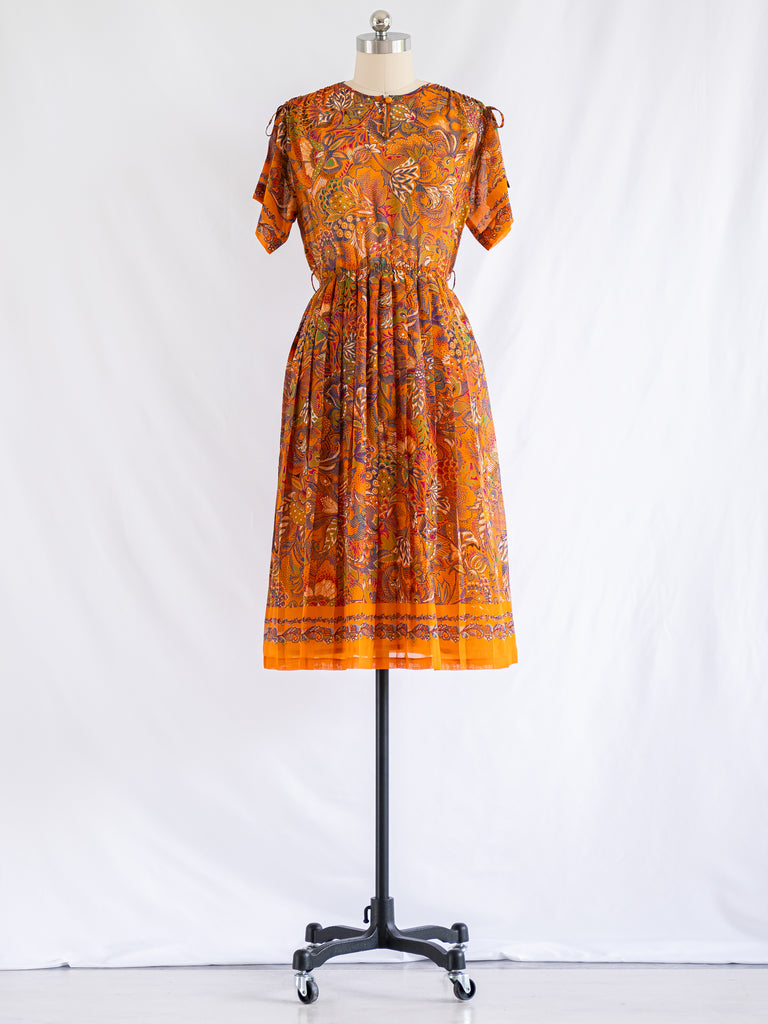 Vintage Orange Chiffon Paisley Print Midi Dress