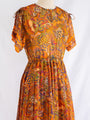 Vintage Orange Chiffon Paisley Print Midi Dress