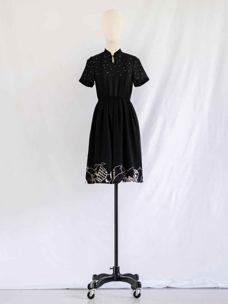 Vintage Black Polyester Polka Dot Midi Dress