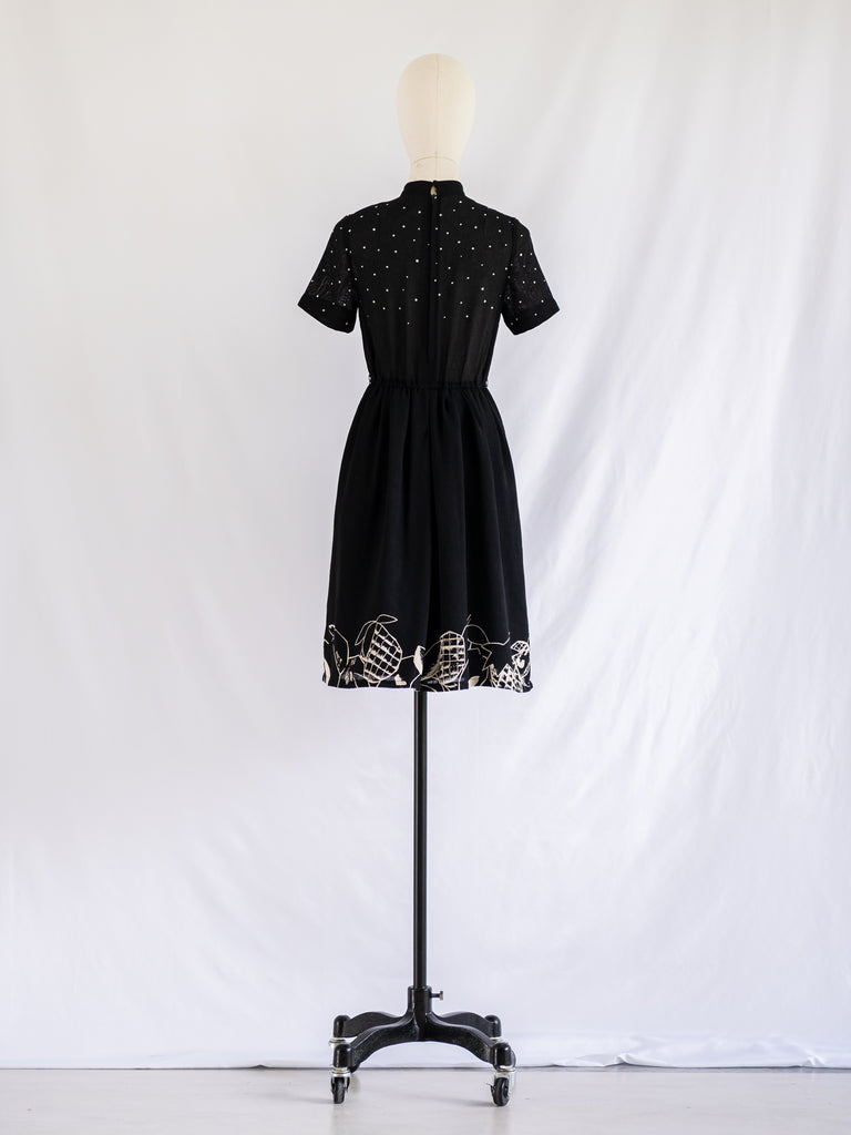 Vintage Black Polyester Polka Dot Midi Dress