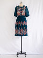 Vintage Bold Leaf Print Polyester Blue Midi Dress