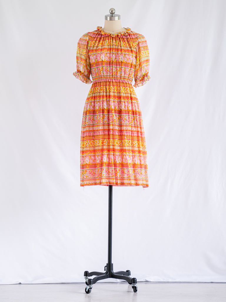 Vintage Colorful Horizontal Floral Stripe Cotton Midi Dress