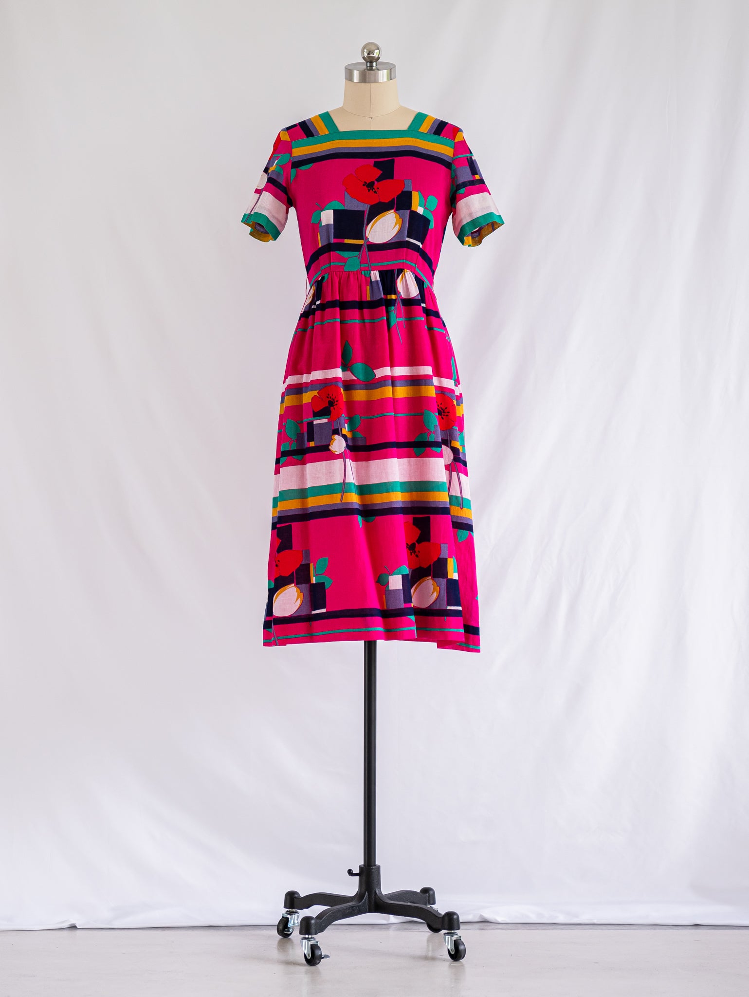 Vintage Polyester Square Neck Floral Pink Midi Dress