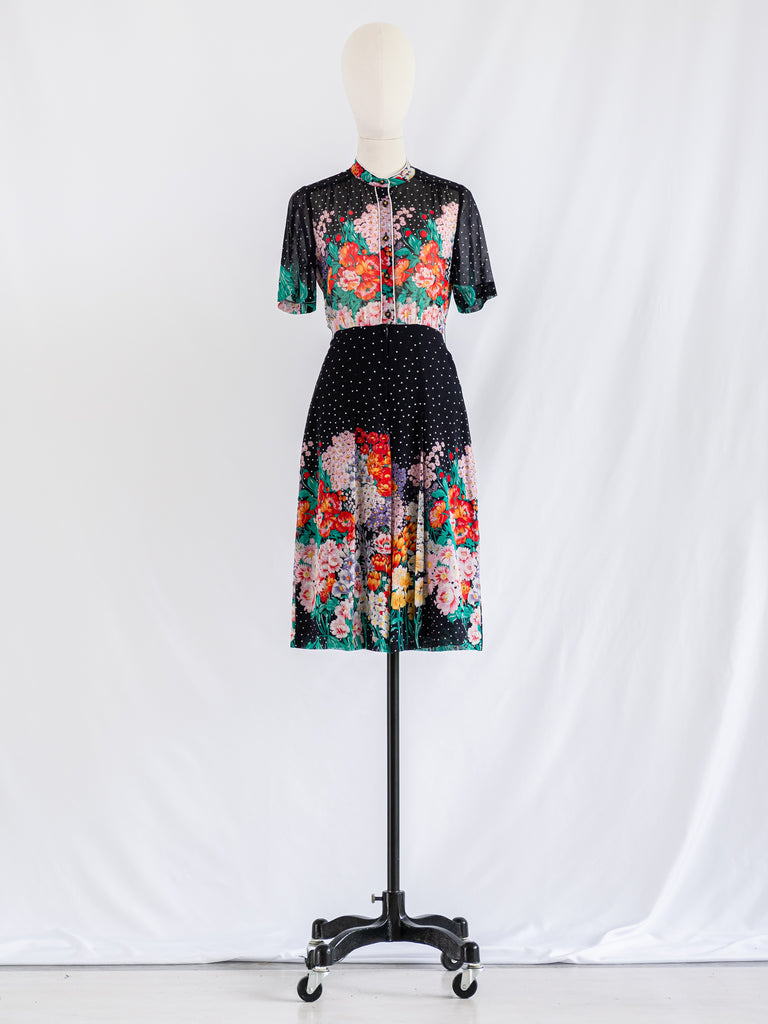 Vintage Black Colorful Floral Print Cotton Midi Dress