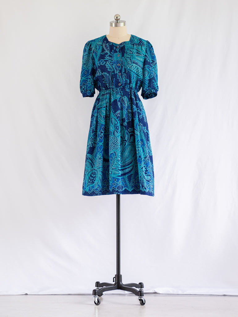 Vintage Floral Blue Pintex Detail Polyester Midi Dress