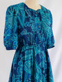 Vintage Floral Blue Pintex Detail Polyester Midi Dress