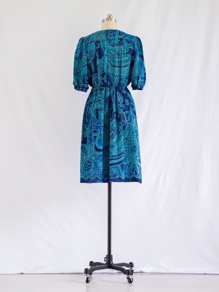 Vintage Floral Blue Pintex Detail Polyester Midi Dress