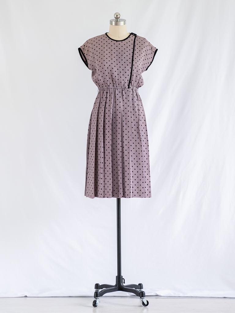 Vintage Brown Cotton Black Pindot Cotton Midi Dress