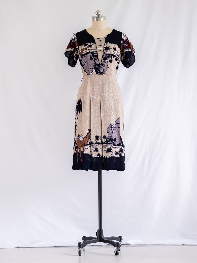 Vintage Beige Abstract Desert Print V-neck Midi Dress