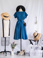 Vintage Blue Pin Dot Print Half Sleeved Cotton Midi Dress