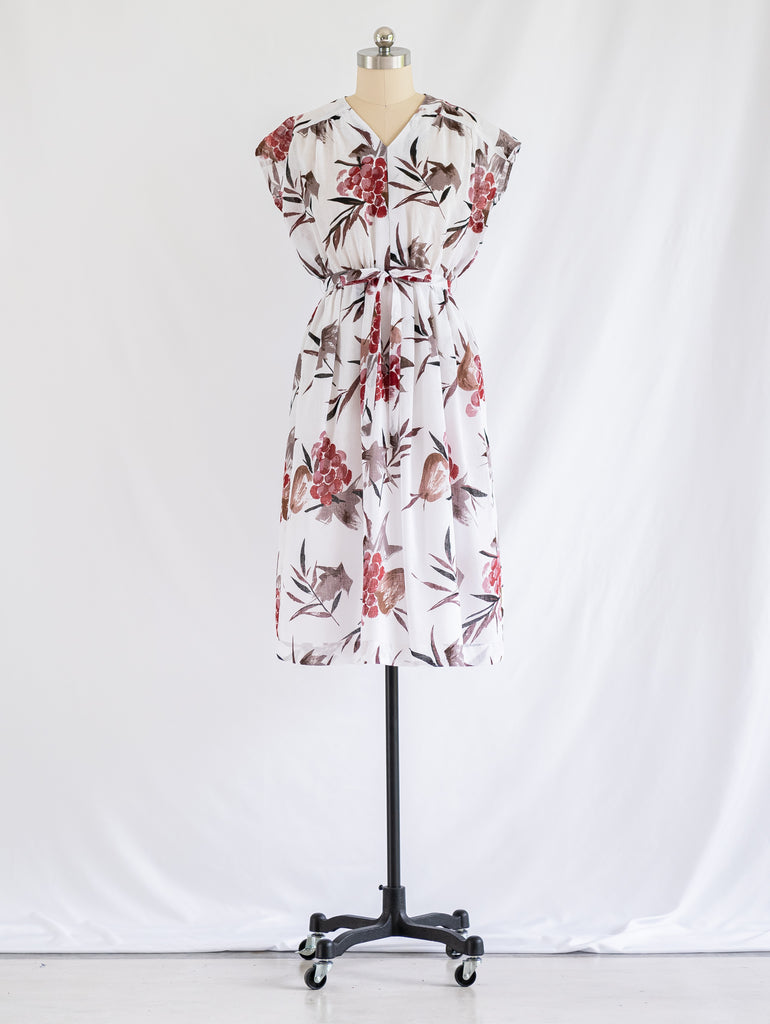 Vintage Red Grape and Leaf Print Polyester Midi Dress