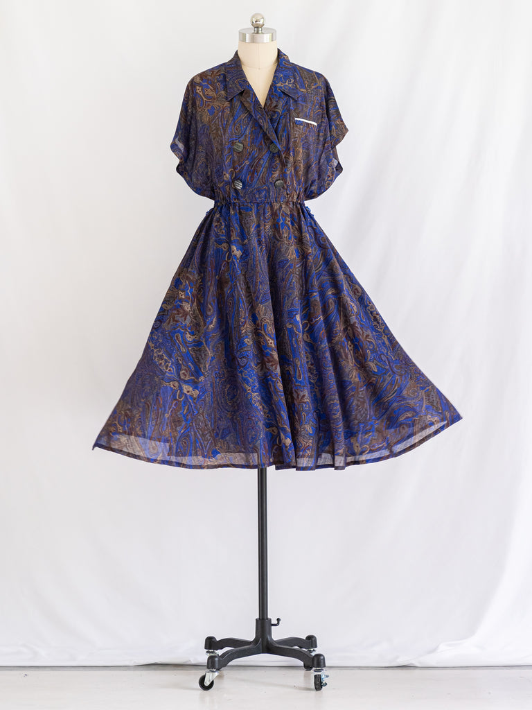 Vintage Polyester Blue Paisley Print Midi Dress