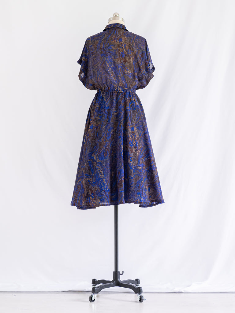 Vintage Polyester Blue Paisley Print Midi Dress