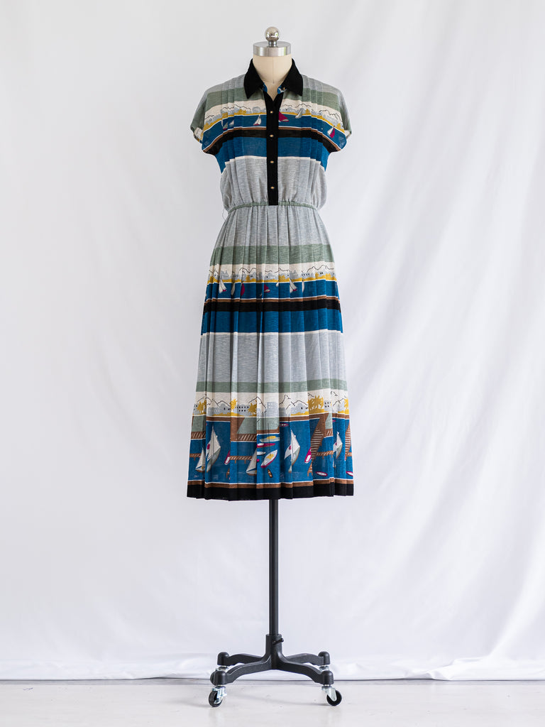 Vintage Boat Print Colorful Stripe Polyester Midi Dress