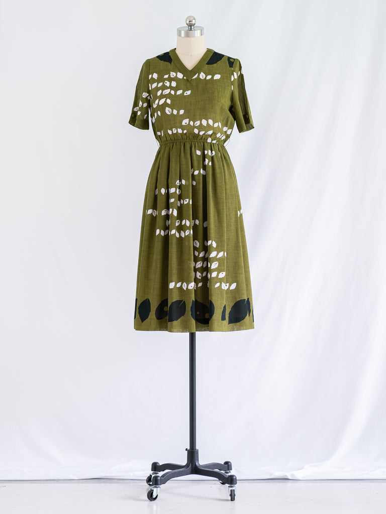 Vintage Green V-neck Leaf Print Midi Dress