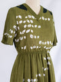 Vintage Green V-neck Leaf Print Midi Dress