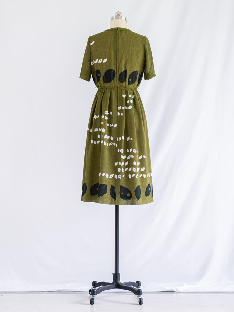 Vintage Green V-neck Leaf Print Midi Dress