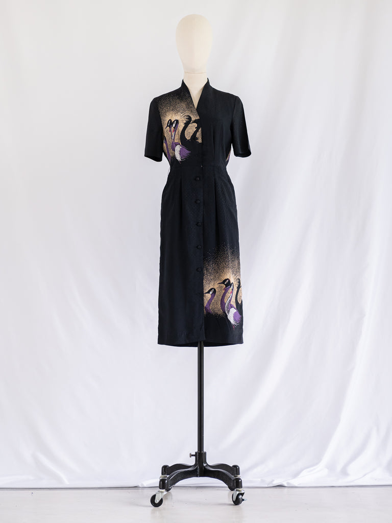 Sugar Cream Vintage Black Chiffon Swan Print Midi Dress