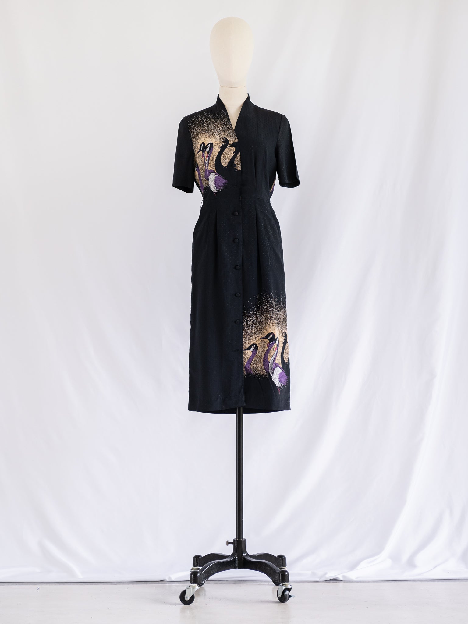 Vintage Black Chiffon Swan Print Midi Dress