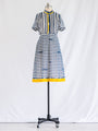 Vintage Polyester Blue Stripe Mandarin Neck Midi Dress