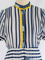 Vintage Polyester Blue Stripe Mandarin Neck Midi Dress