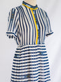 Vintage Polyester Blue Stripe Mandarin Neck Midi Dress