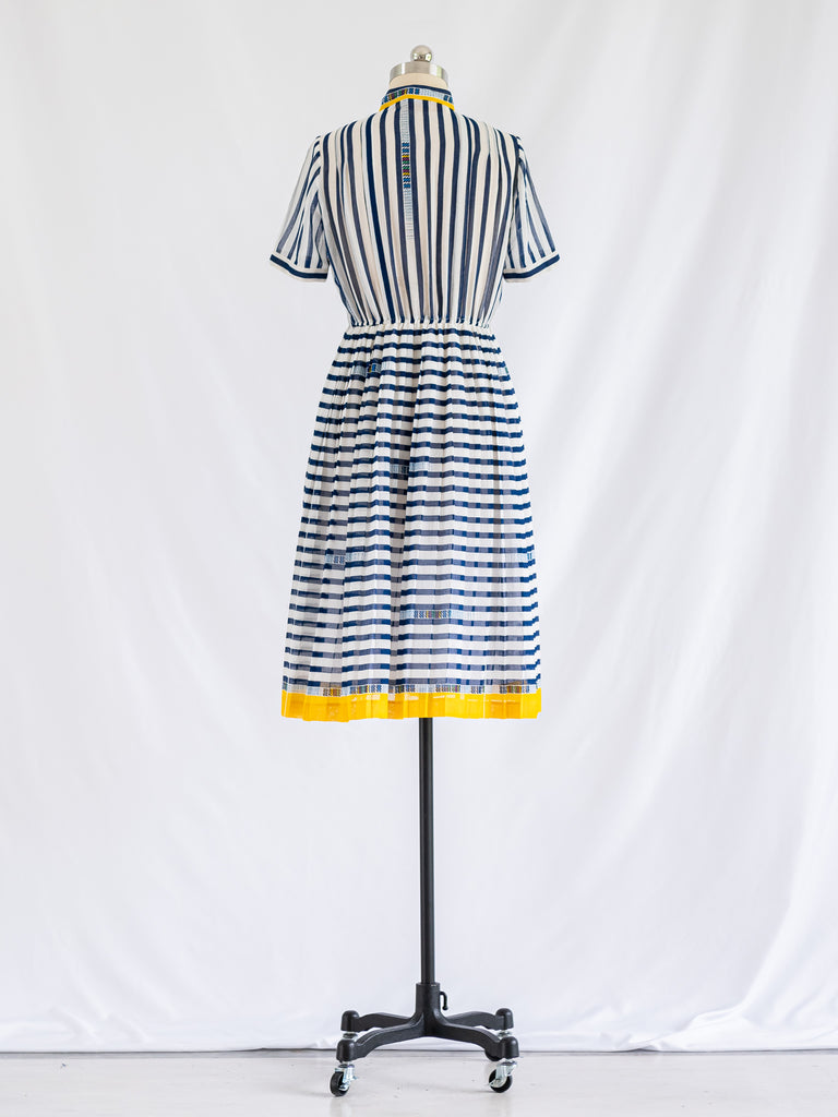Vintage Polyester Blue Stripe Mandarin Neck Midi Dress
