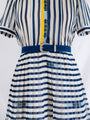 Vintage Polyester Blue Stripe Mandarin Neck Midi Dress