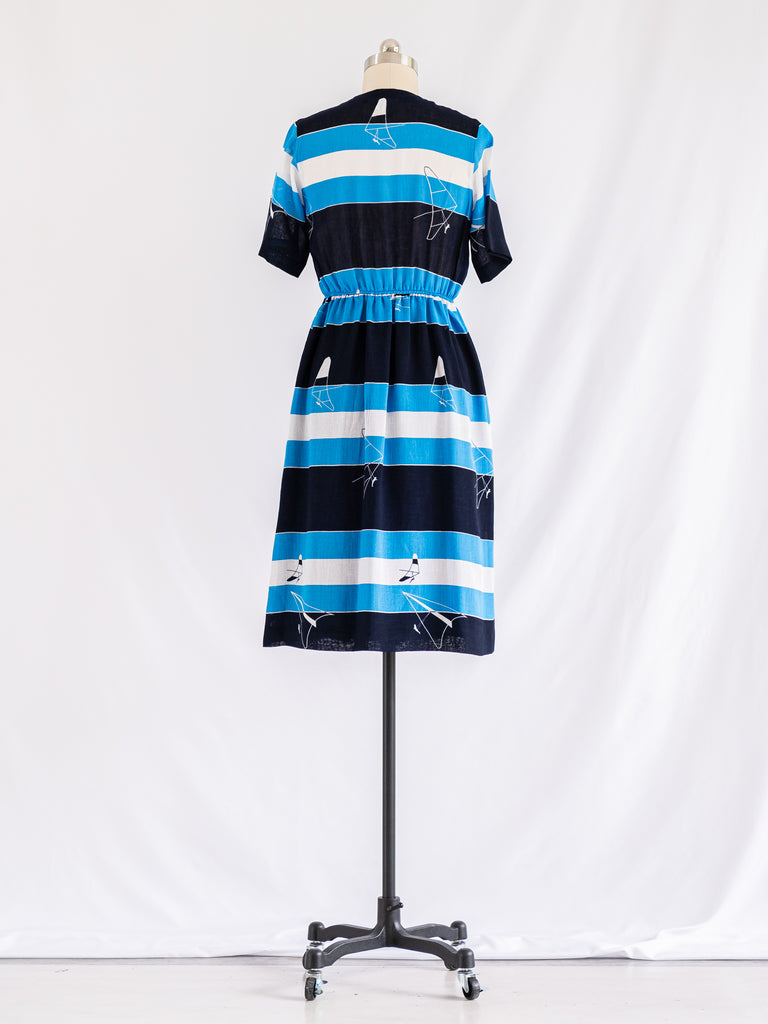 Vintage Polyester Square Neck Stripe Print Midi Dress