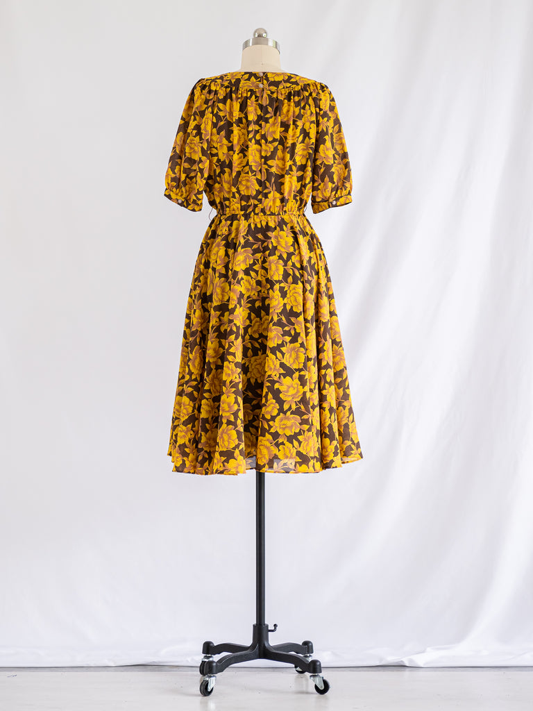Vintage Yellow Floral Print Polyester Midi Dress