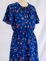 Vintage Round Neck Sphere Print Chiffon Blue Midi Dress