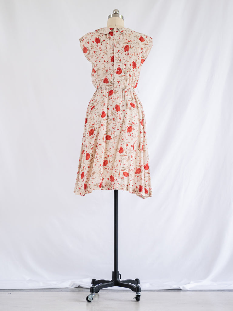 Vintage White Cotton Orange Floral Print Midi Dress