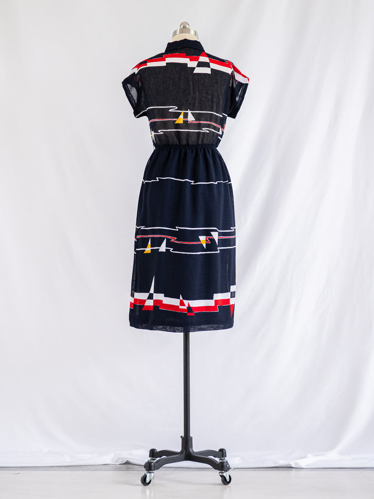 Vintage Polyester Black Short Sleeved Midi Dress