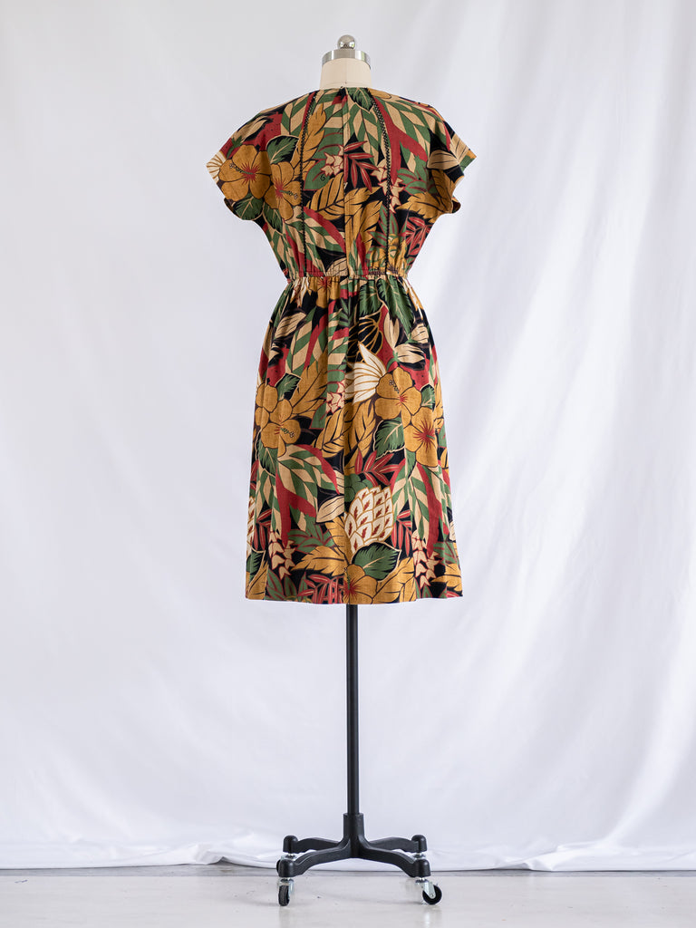 Vintage Leaf Print Flared Cotton Midi Dress