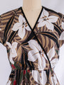 Vintage Bold White Floral and Leaf Print Brown Midi Dress