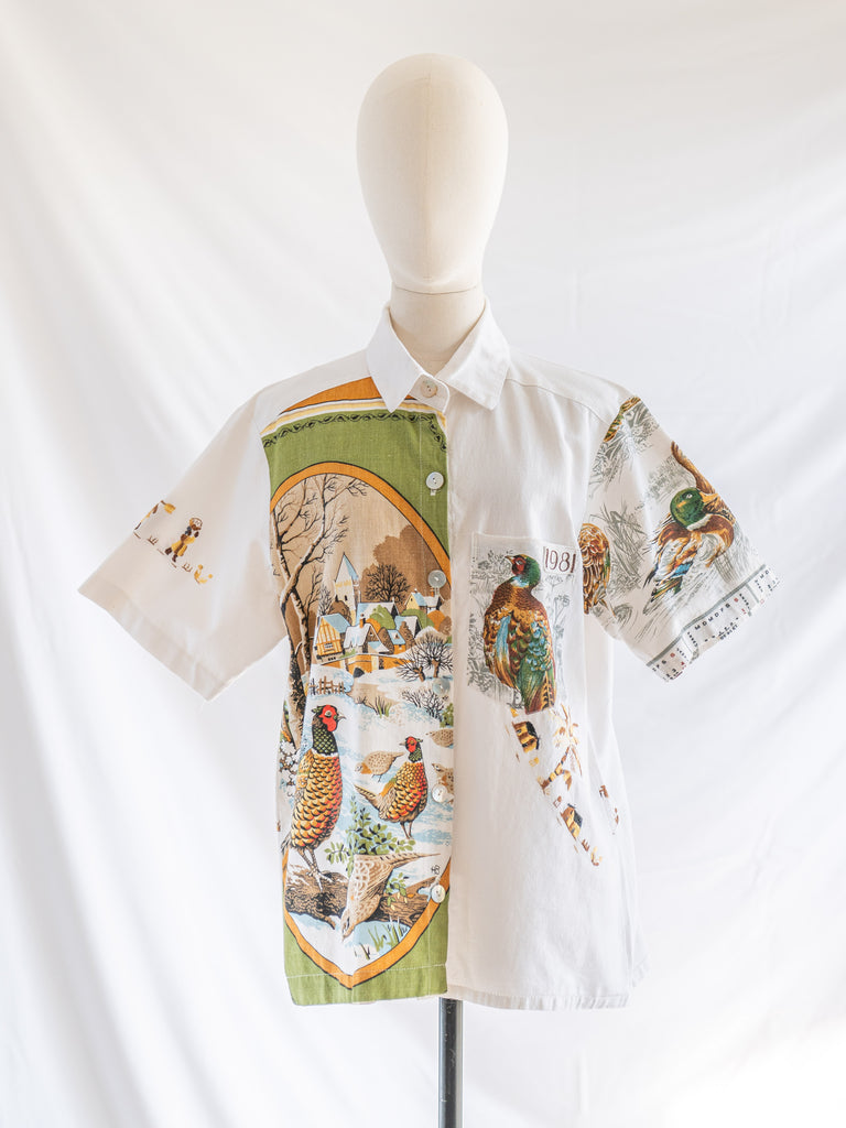 Re-Top Upcycled Quail Print Farm Embroidered Shirt