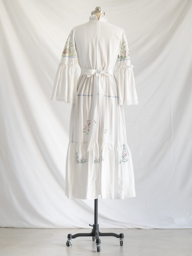 Re-design Upcycled White Colorful Cross-stitch Maxi Dress