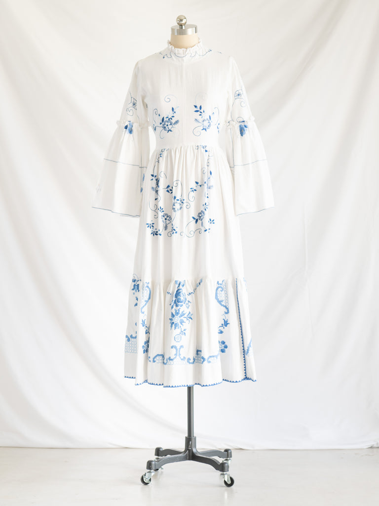 Re-design Upcycled Cross-stitch Blue Floral Border Maxi Dress
