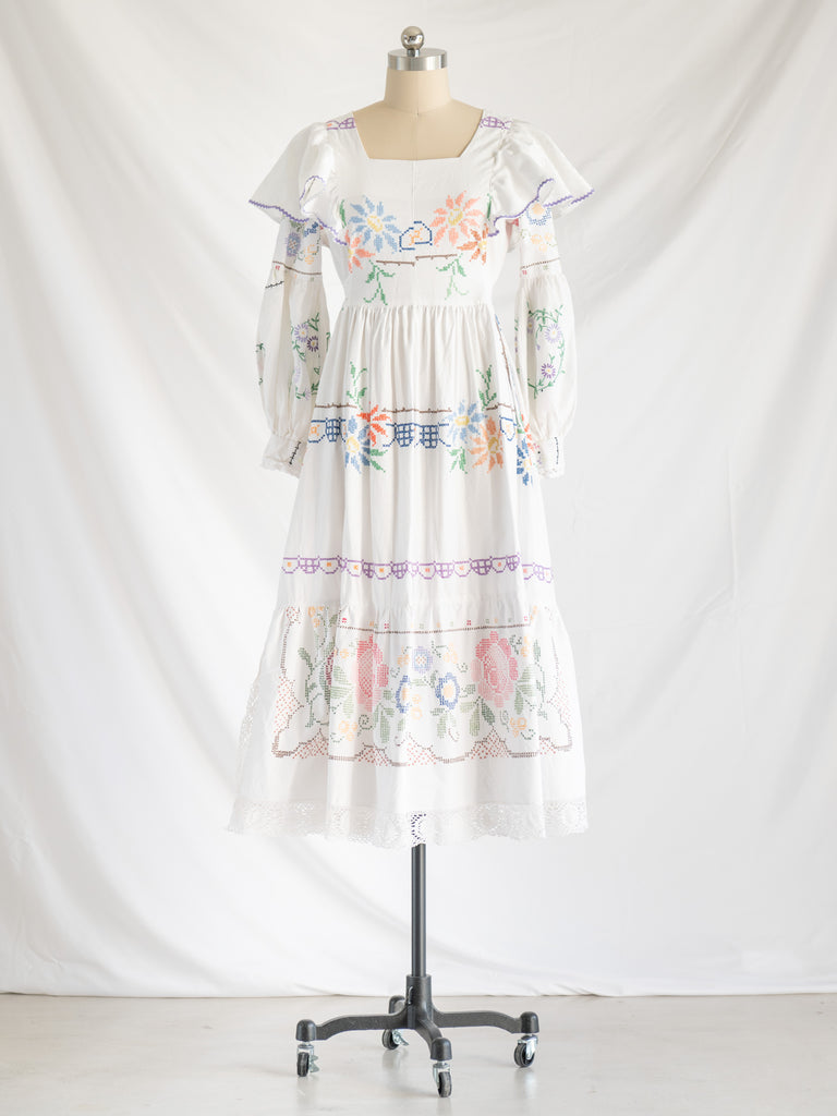 Re-design Upcycled Vibrant Cross-stitch White Floral Maxi Dress