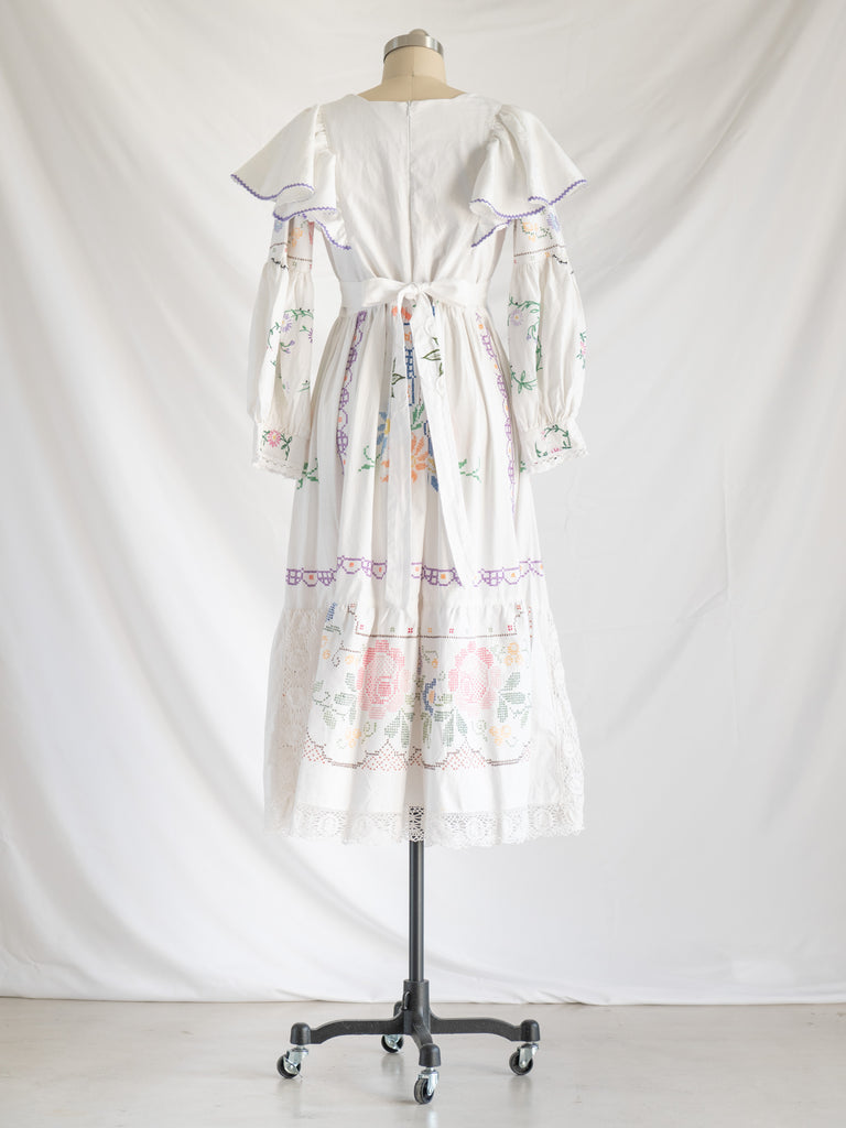 Re-design Upcycled Vibrant Cross-stitch White Floral Maxi Dress