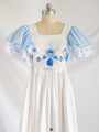 Re-design Upcycled White Ruffle Sleeved Blue Embroidery Maxi Dress