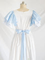 Re-design Upcycled White Ruffle Sleeved Blue Embroidery Maxi Dress