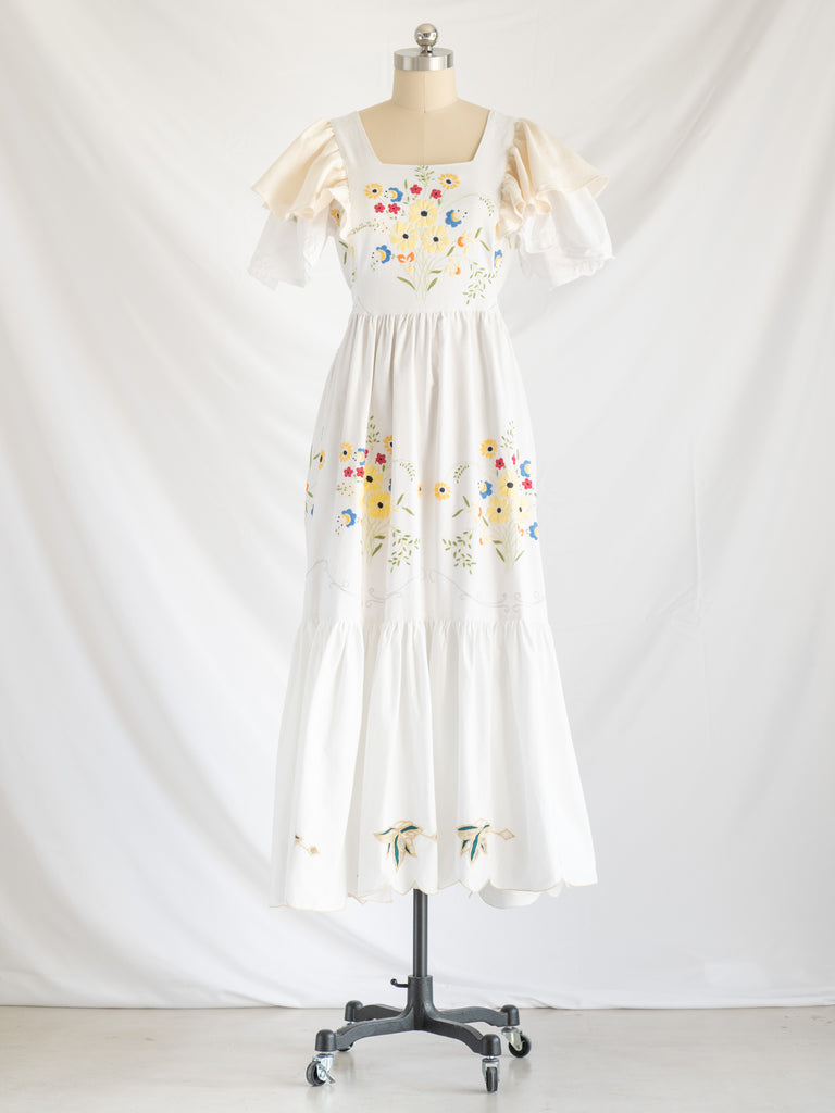 Re-design Upcycled Hand Embroidered Colorful Floral Motifs Maxi Dress