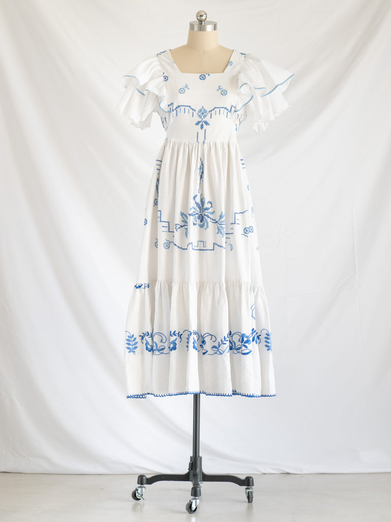 Re-design Upcycled Blue-cross Stitch Floral Maxi Dress