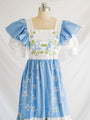 Re-design Upcycled Blue Pansy White Daisy Embroidery Midi Dress