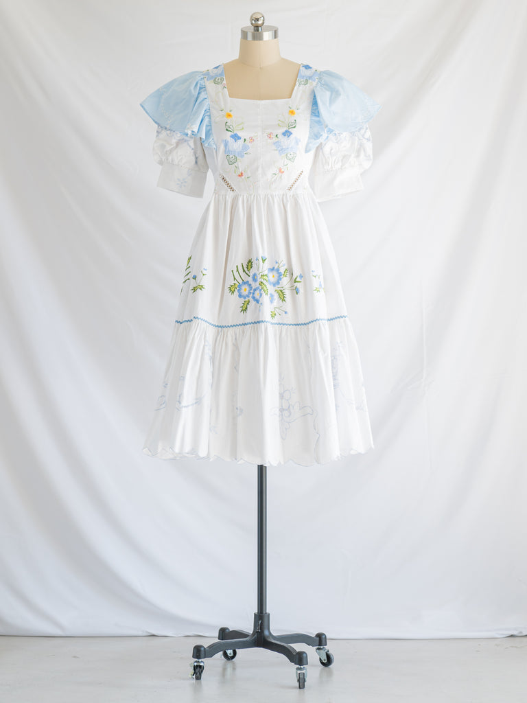 Re-design Upcycled Blue Daisy Embroidery Midi Dress