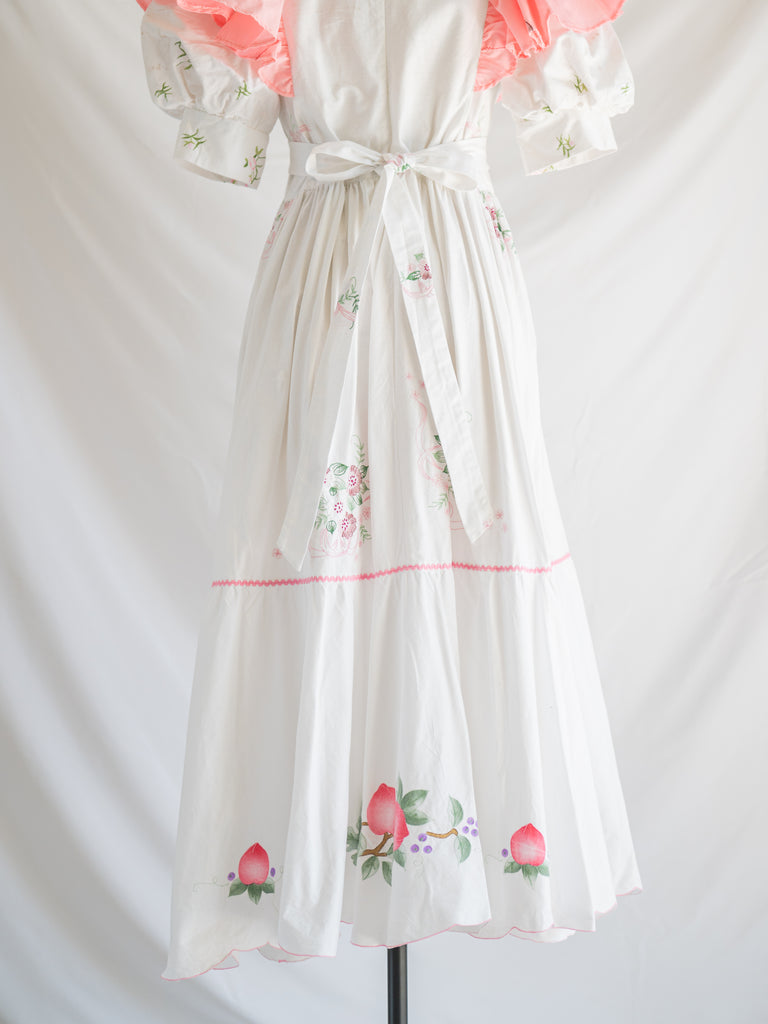 Sugar Cream Vintage Re-design Upcycled Peach Ruffles White Maxi Dress